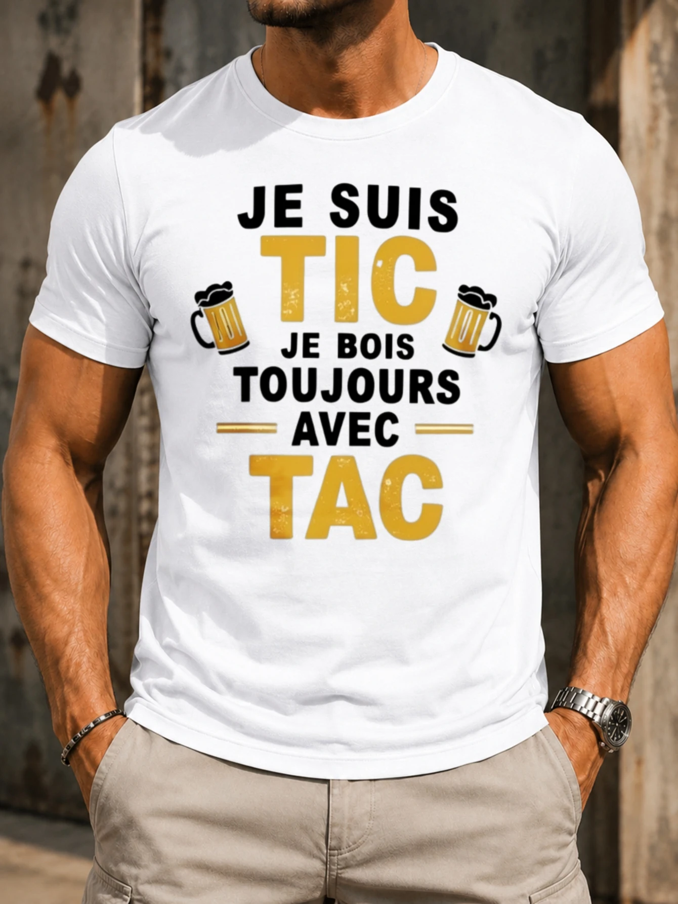 Je Suis Tic Je Bois Toujours Avec Tac  French beer buddy text yellow  letters beer icons Unisex All  Unisex All T-Shirt