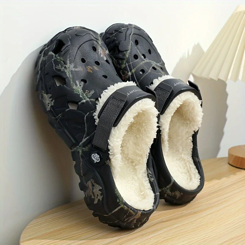 Men's Winter Camo Clogs Detachable Faux Fur Lining Warm Non-Slip Indoor/Outdoor Slippers Black EVA Casual Comfort Winter Shoes image 3