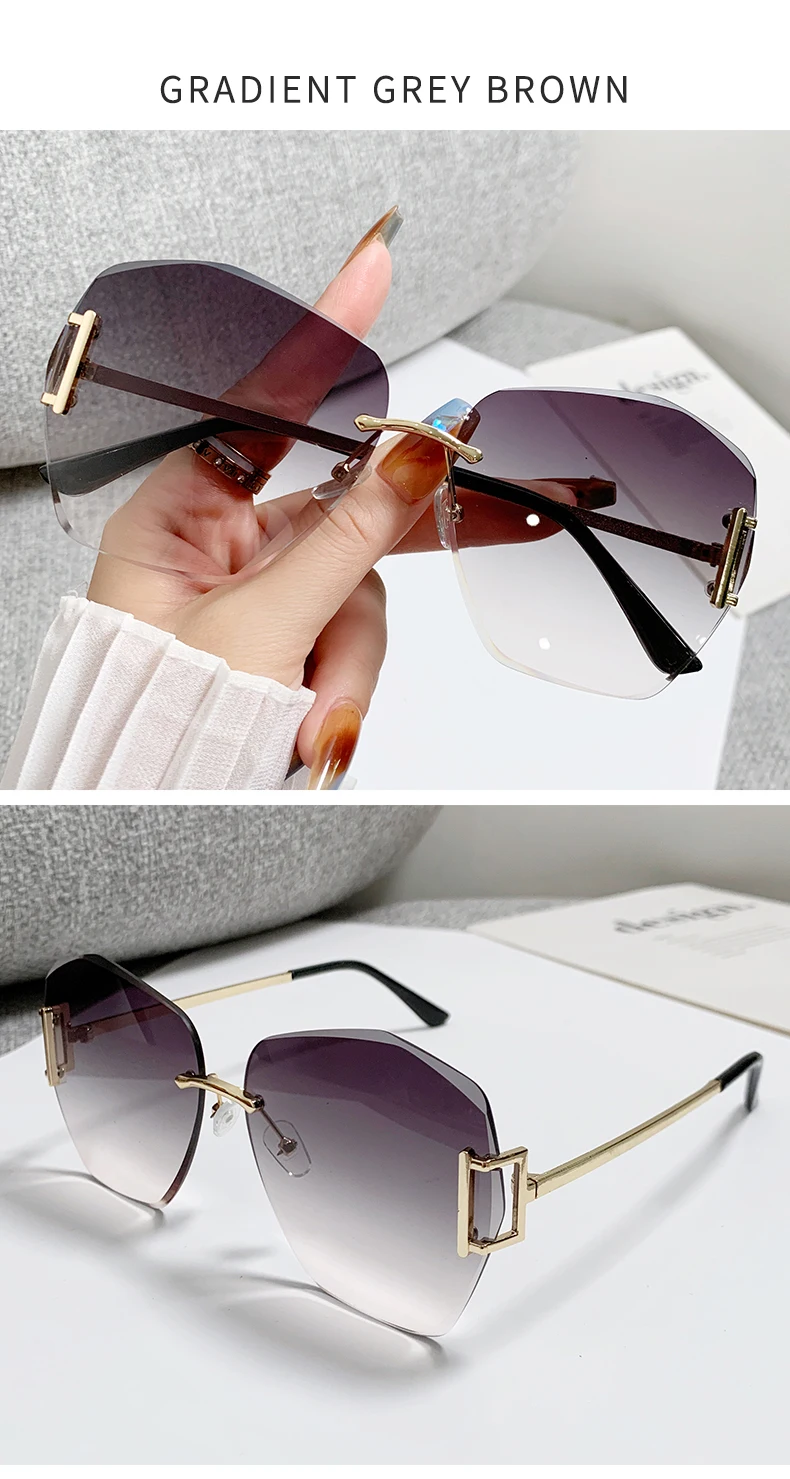 Hochwertige rahmenlose Sonnenbrille in neuer Farbverlauf, polygonale Damenbrille mit großem Rahmen 90252 – Detail 10