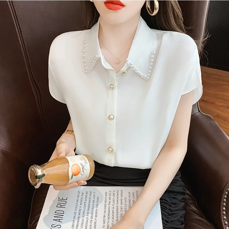 Office Ladies Chiffon Shirts Summer 2024 Elegant Korean Fashion Short Sleeve Beading White Blusas Women Green Blouses Y2k Tops