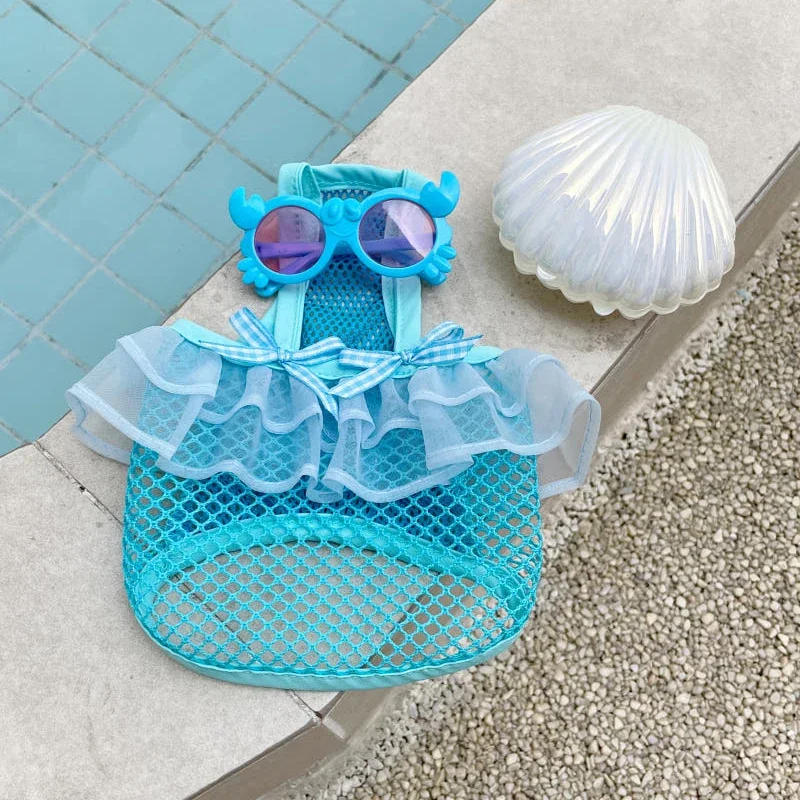 

Summer Mesh Dog Clothes Blue Ruffle Sling Dog Swimsuit Beach Pool Holiday Party Outfits for Small Medium Large Dogs Cat Clothes