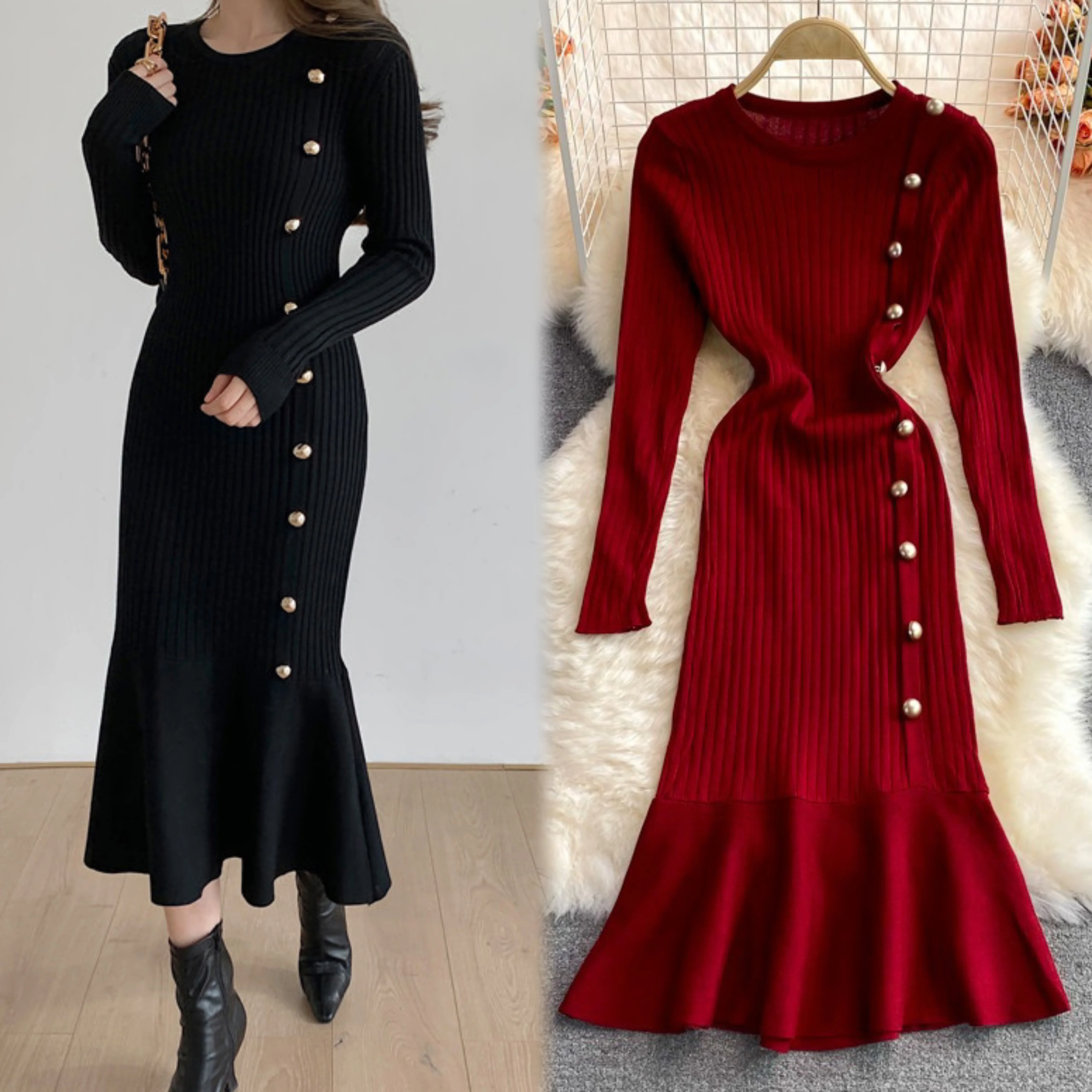 YuooMuoo Marke Mode Langarm Gestrickte Meerjungfrau Kleid 2025, Neue Elegante Tasten Rippe Pullover Kleid Dame Bodycon Party Vestidos