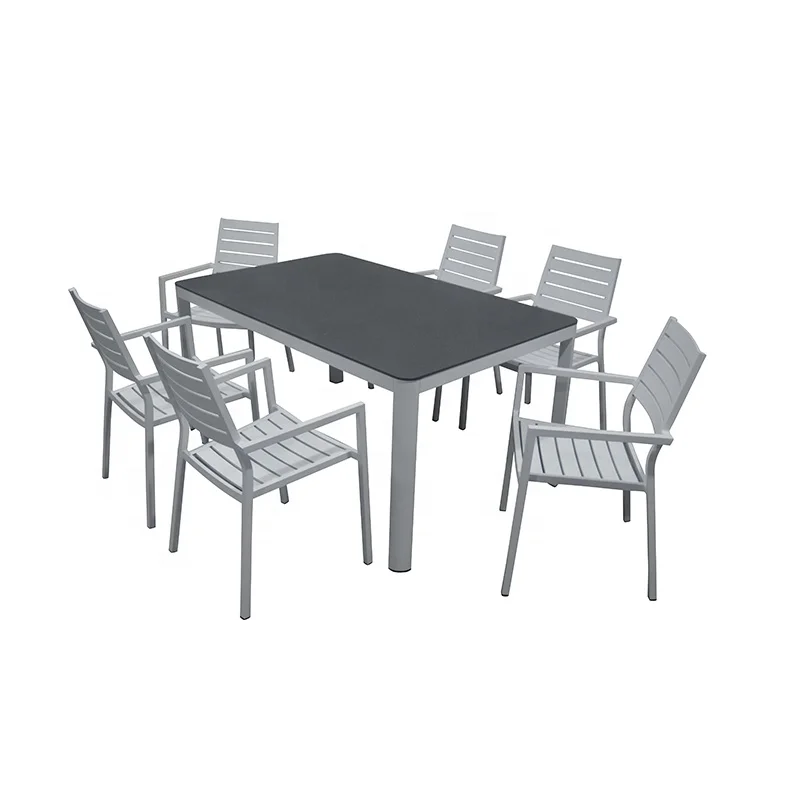 Outdoor restaurant lightweight White Metal cafe set dinning set arm chair aluminum frame garden chairs and table