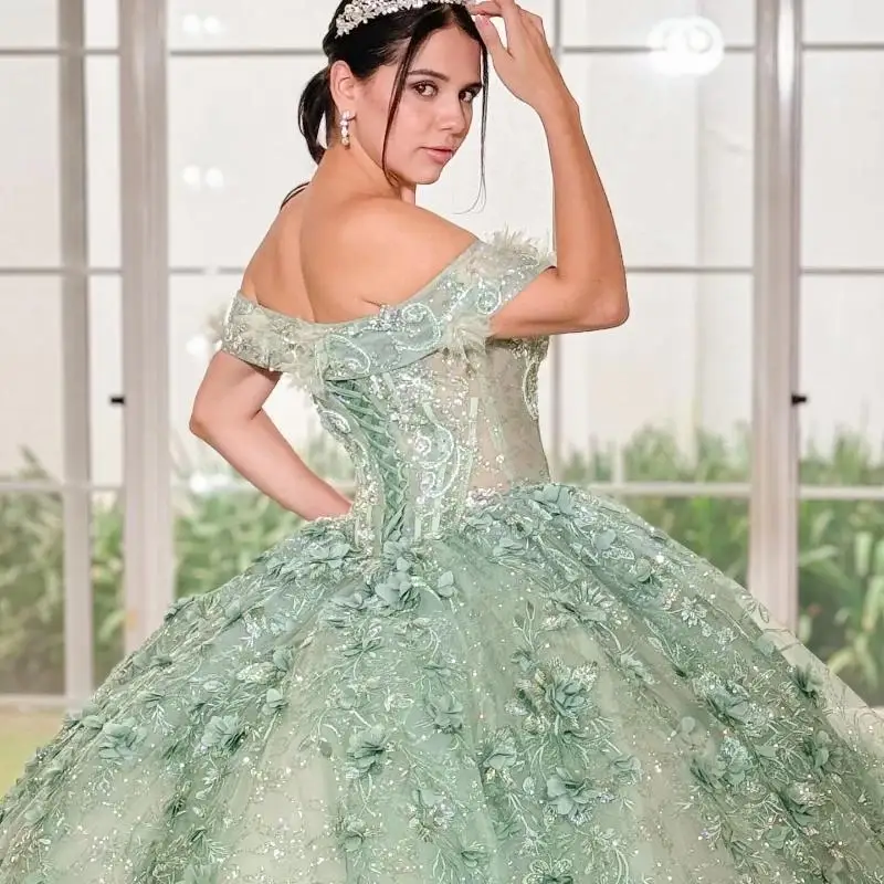 Vestido De fiesta De novia verde menta, Vestidos De quinceañera, dulce 16 princesa, apliques De lentejuelas, cuentas De flores De encaje, Vestidos De tul 15 De Anos