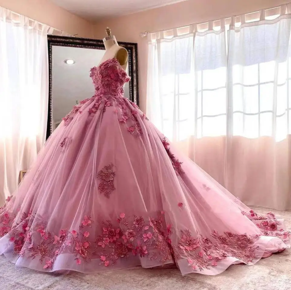 

Hot Pink Quinceanera Dresses 3D Floral Appliques Beading Modern Off Shoulder Lace-Up Corset Princess Prom Vestidos De 15 Anos