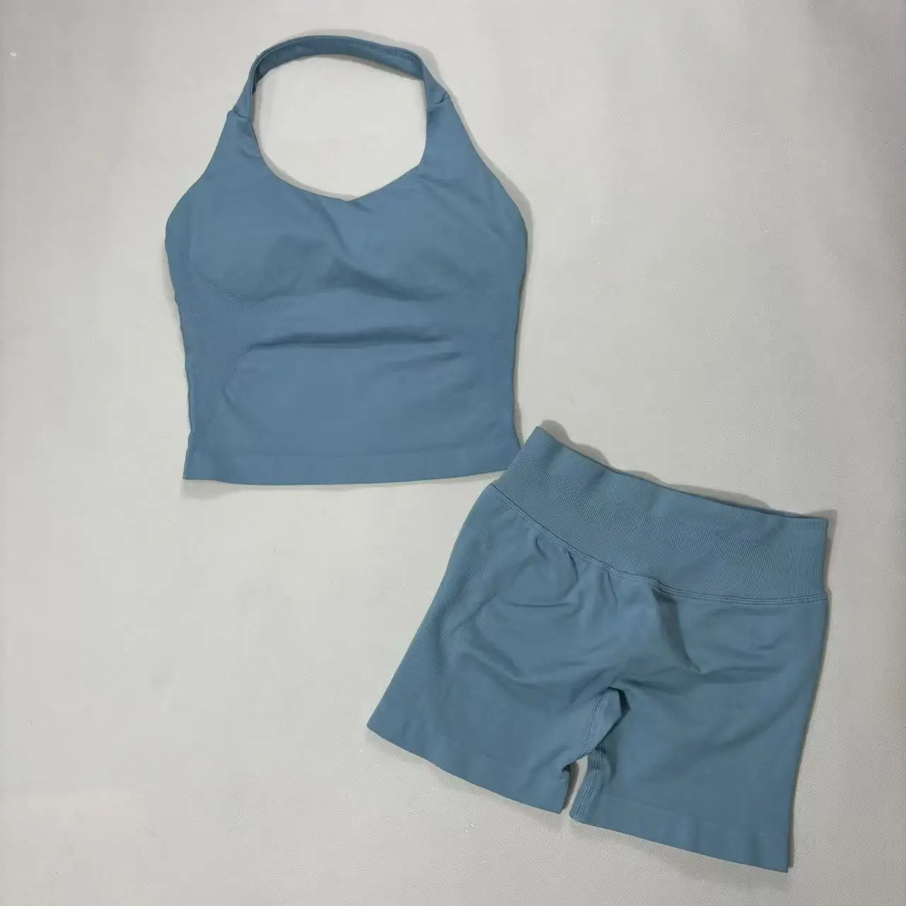 2026 New 2 Piece Women Seamless Yoga Set Backless Halter Top High Waist Shorts Gym Suit Fitness Workout Sports Matching Outfits