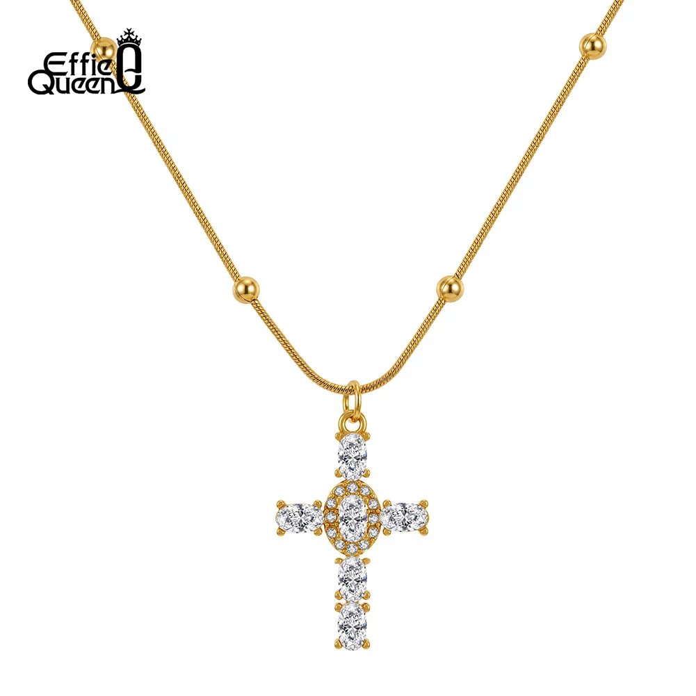 EFFIE QUEEN Stainless Steel Cubic Zircon Cross Pendant Necklace For Women Shiny CZ Retro Cross Collar Trend Accessories STKN36