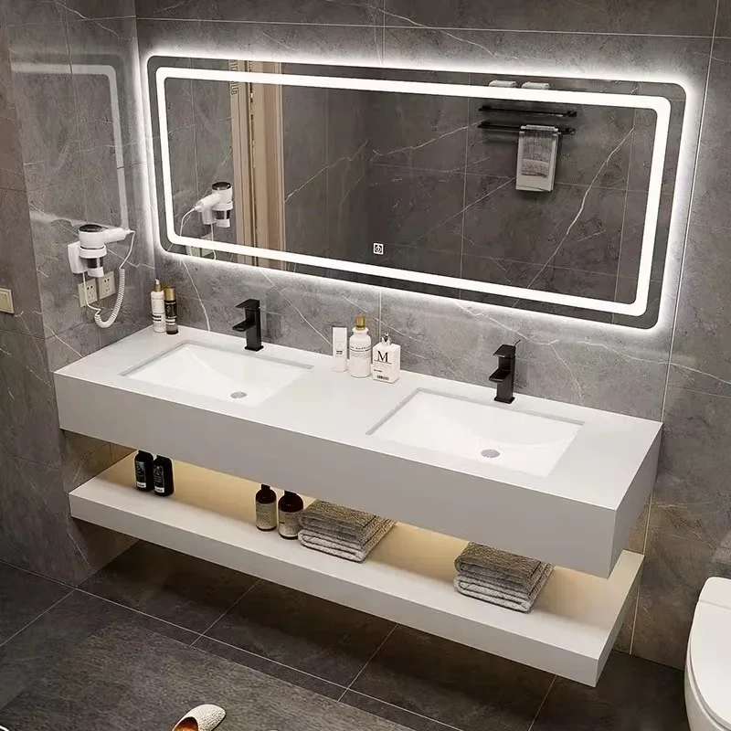 Modern Hotel Public Bathroom Double Rock Connection Ceramic Vanity Bathroom Cabinets Integrated Basin Mobili Da Bagno Furniture