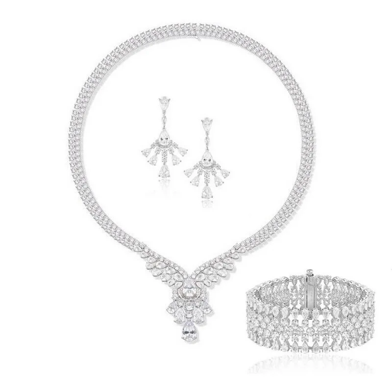 Designer Collection Earrings Bracelet Necklace Women Lady Inlay Pyriform Cubic Zircon Tassels Pendant Dinner Party Jewelry Sets