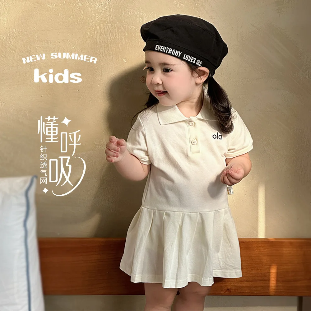 

Girls Summer Korean Polo Dress Preppy Embroidered Pleated Dress Cute Soft Cotton Toddler Casual Daily Outdoor Wear 0-5Y