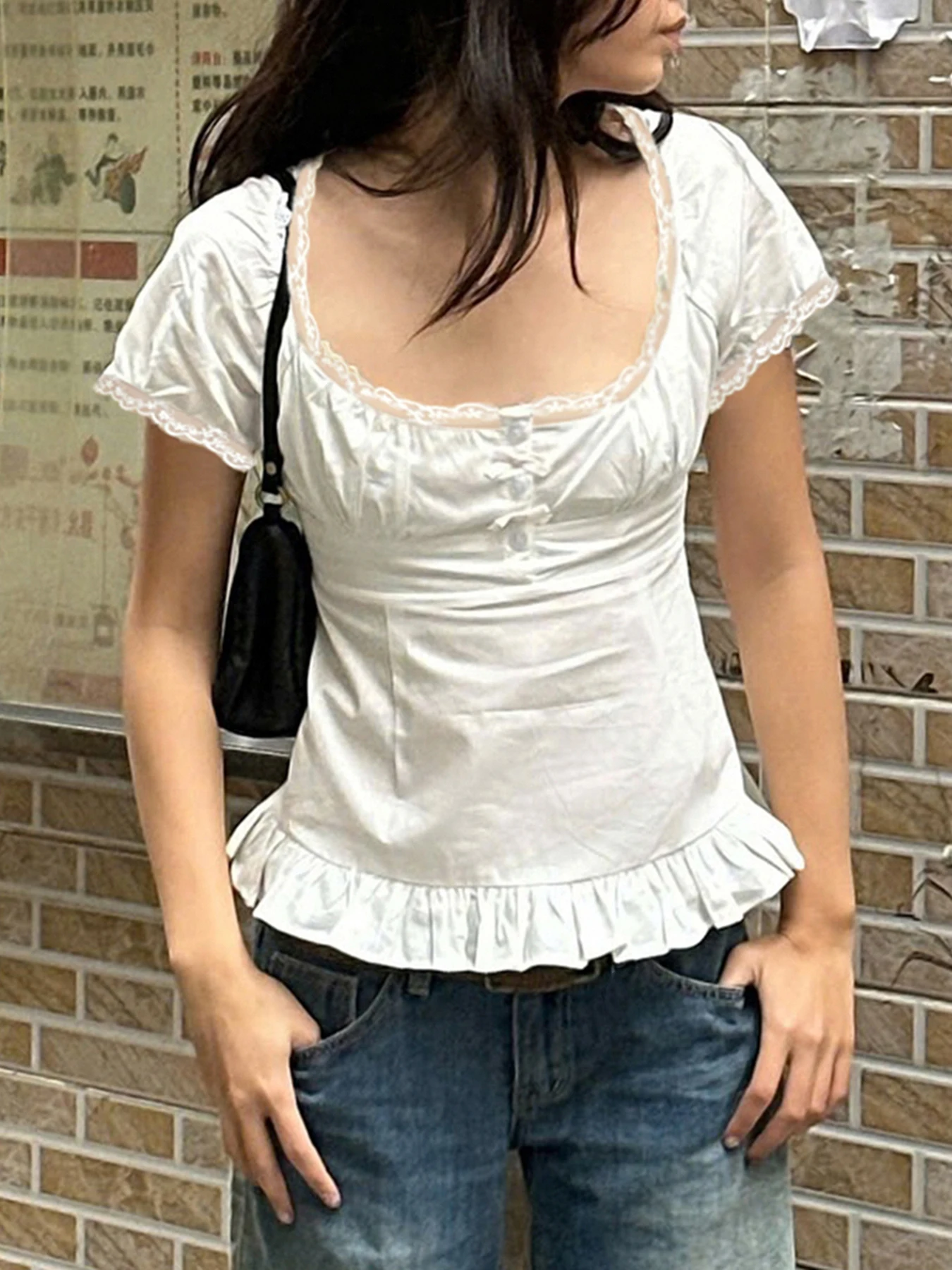 

Sweetown Fashion Solid Slim Lace Trim Bow Women Chic T-Shirts Ruffly Causal Simple Summer Trendy Sweet Cute Blouses