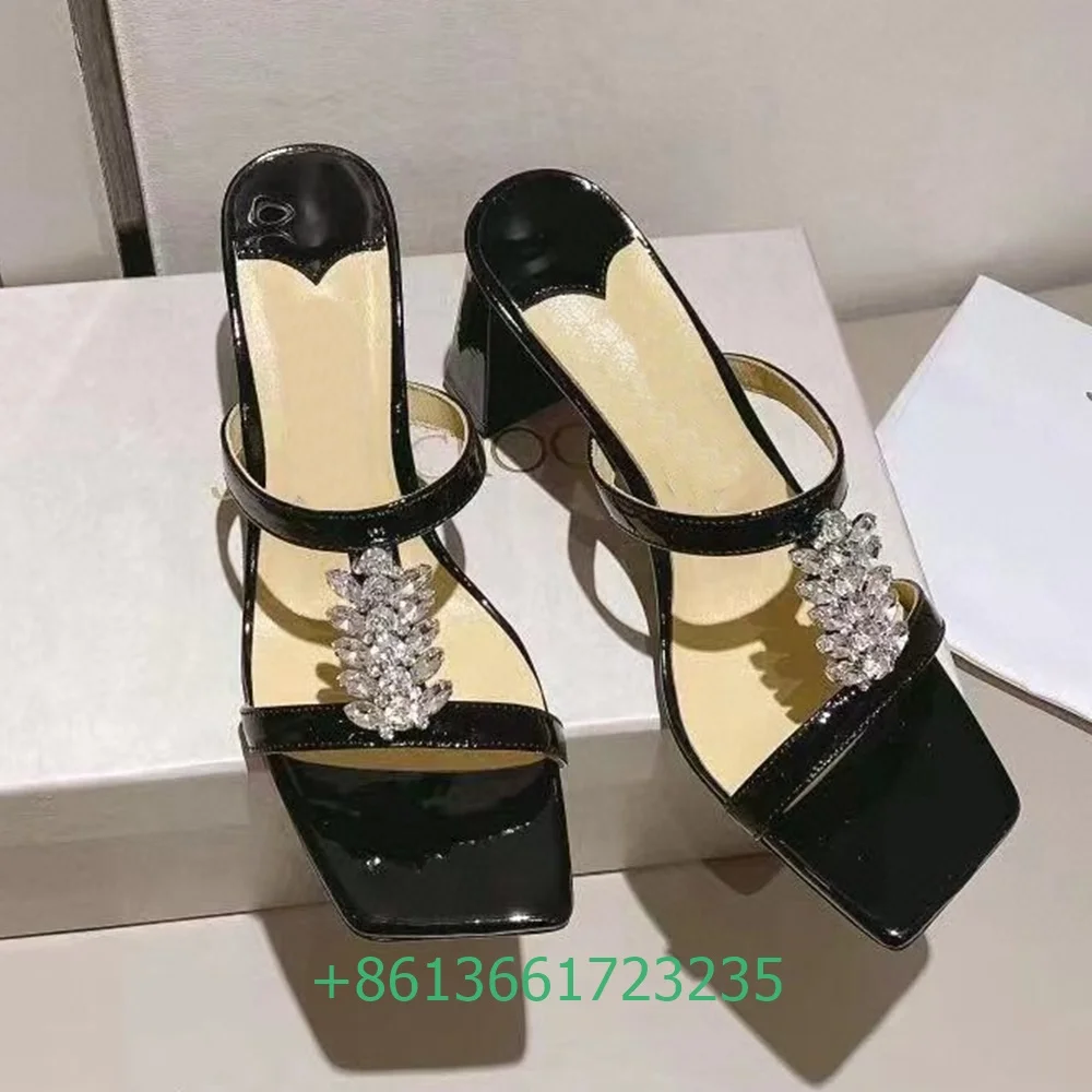 

Square Toe Chunky Heel Women Slippers Crystal Shiny Slip On High Heel Slides Black/white/nude/ Fashion Rhinestone Sandals 8.5Cm