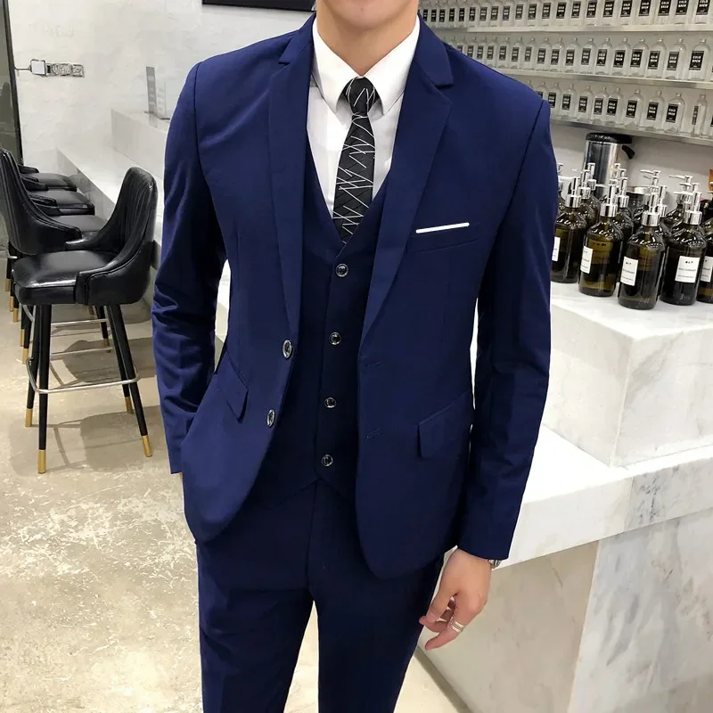 3 Pcs Suit Coat Pants Vest Set / 2023 Fashion New Men's Casual Boutique Pure Color High-quality Business Wedding Jacket Blazers