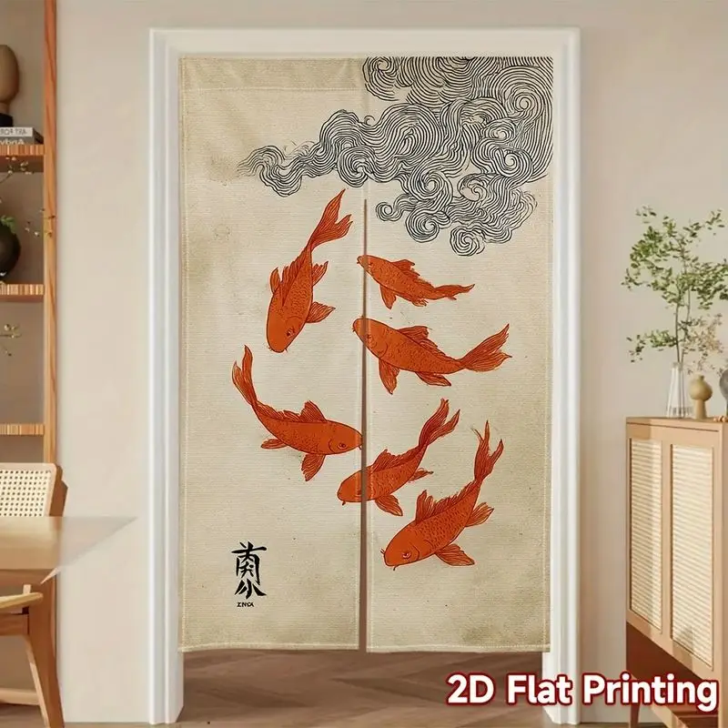 VIKAMA Red Koi Fish Wave Half Curtain Hanging Door Curtain Closet Room Tapestry Japanese Style Decor Soft Wash Soft Washable