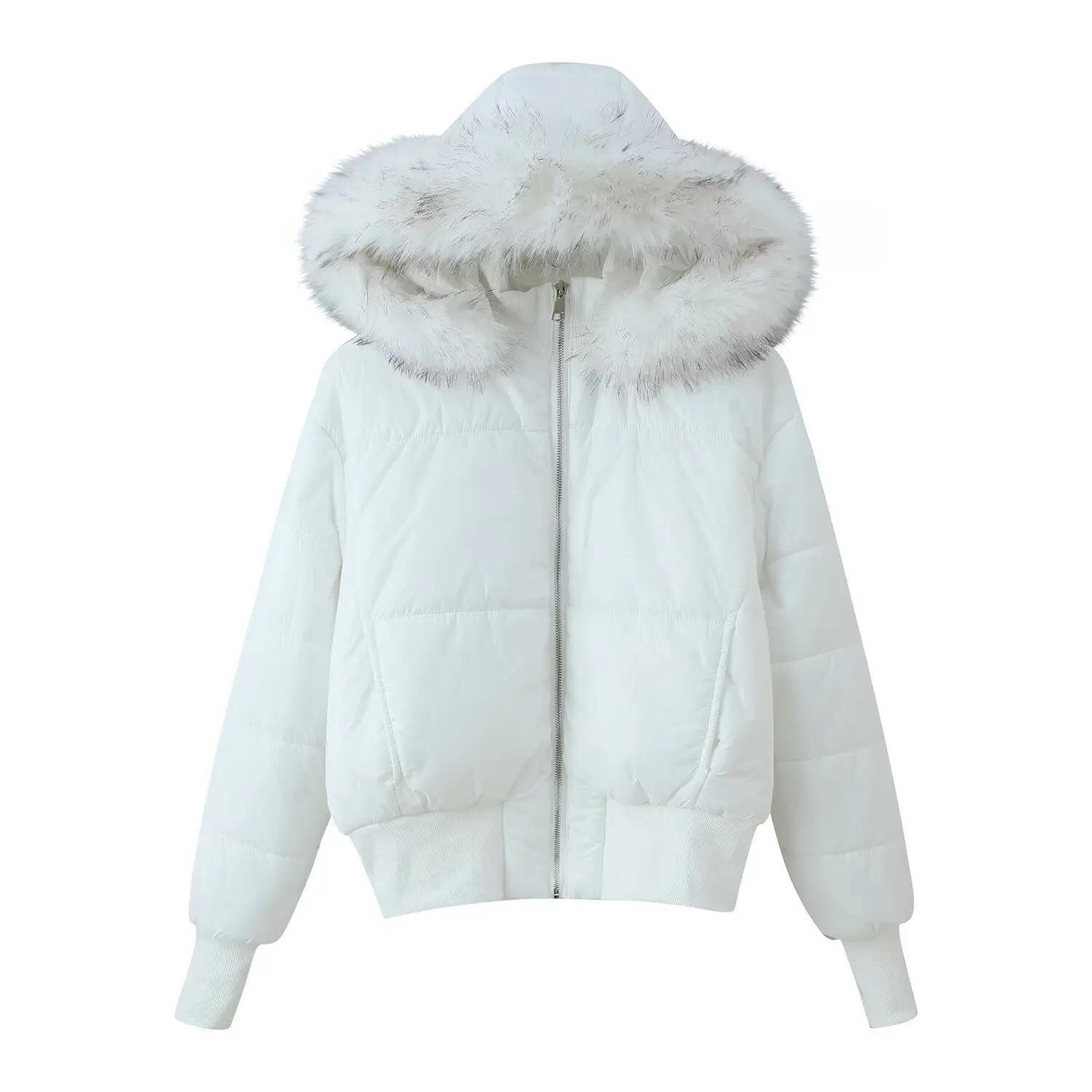 Women's Solid Color Warm Coat Winter Fashion Simple Versatile Fur Collar Hooded Cotton Jacket Zipper Pockets Loose Fit Outwear