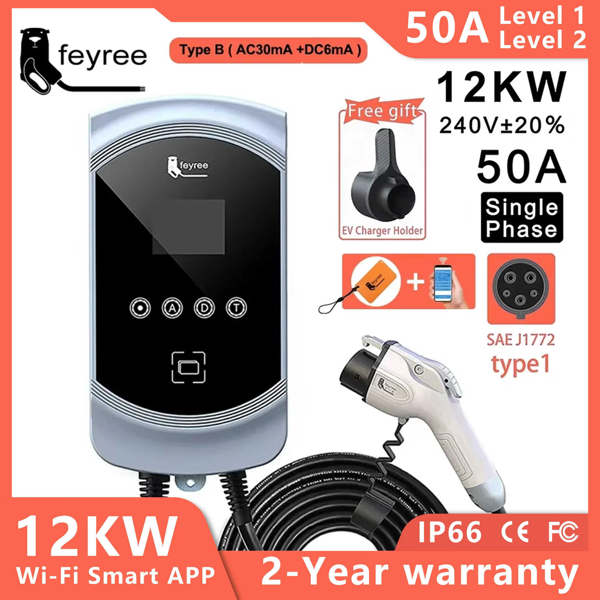 feyree APP Control EV Charger Type1 Cable j1772 Socket 32A 40A 50A Single Phase EVSE Wallbox Charging Station for Electric Car