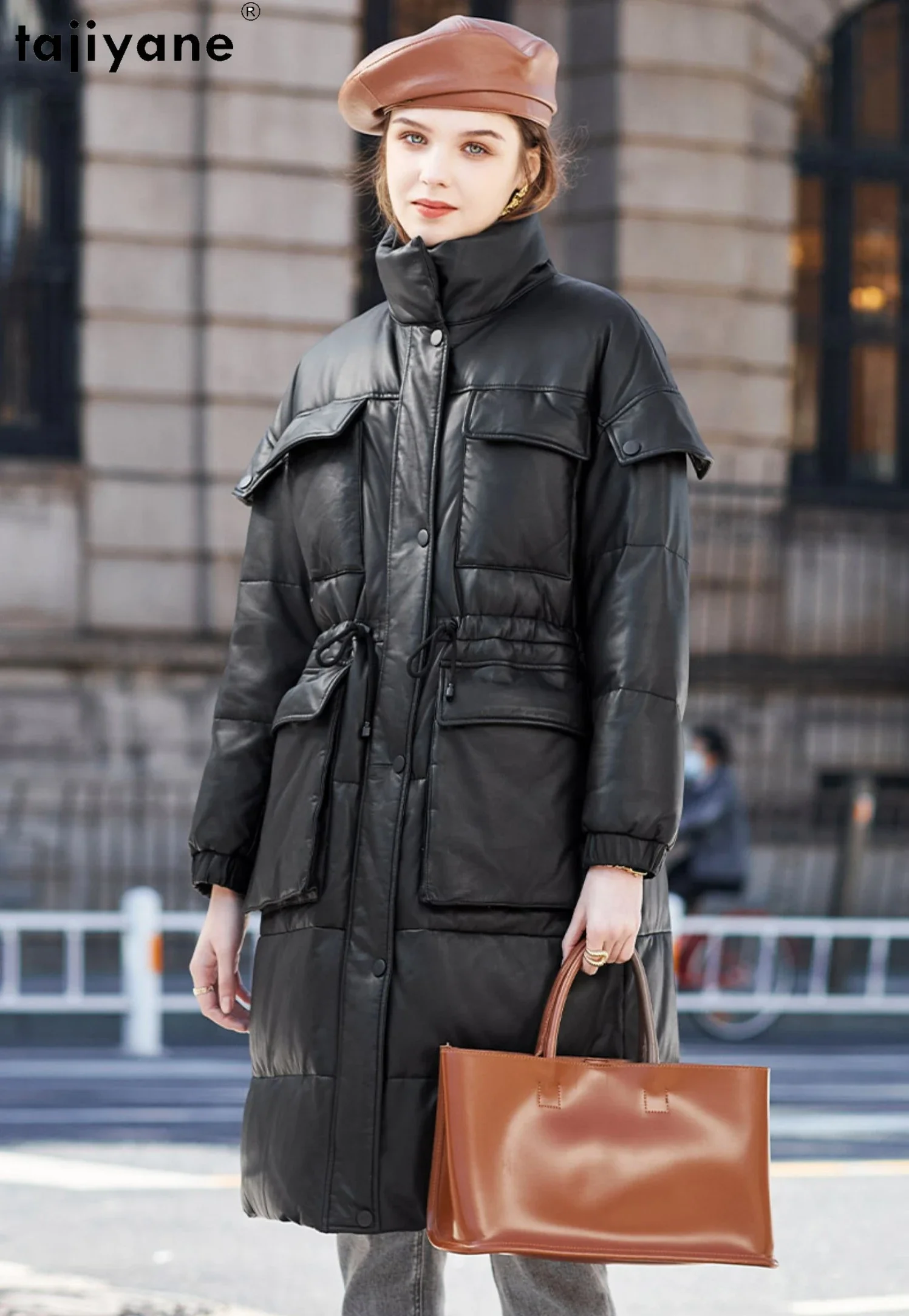 Tajeyane-Chaqueta de plumón de cuero genuino para mujer, abrigo de piel de oveja con cuello levantado, Parkas largas con cordón en la cintura, Invierno