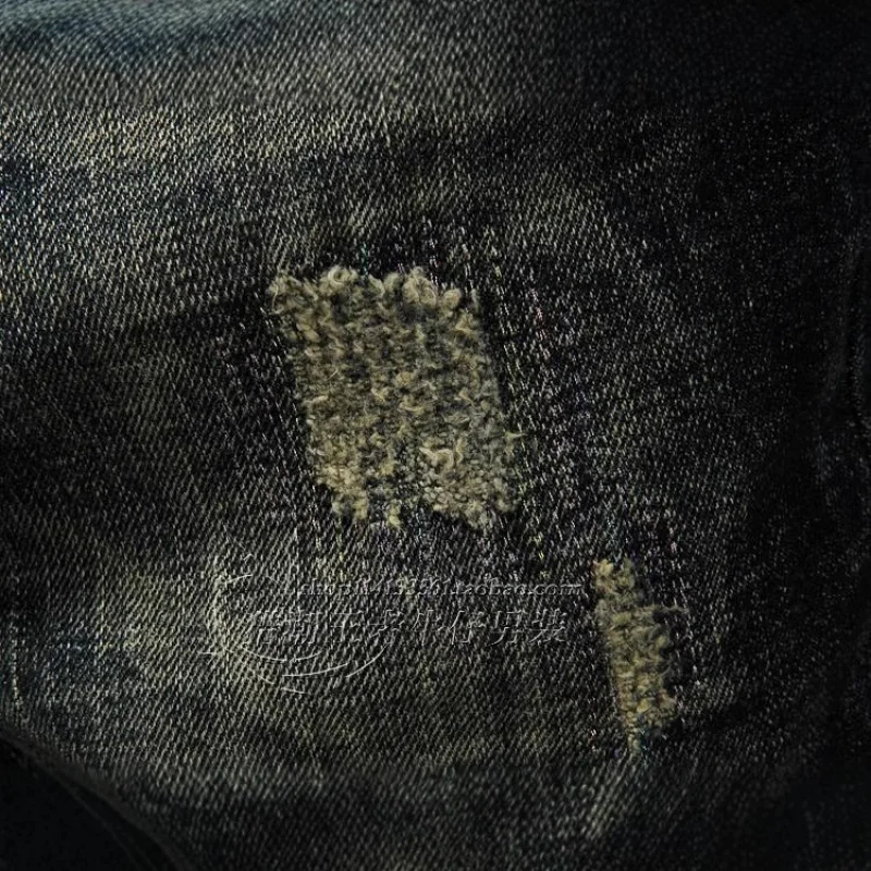 Heavy retro men's jeans slim fit small straight tube ripped patch personalized trend elastic denim nostalgic pants