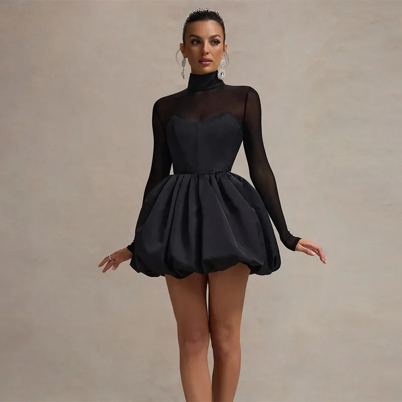 2025 Spring Turtleneck Sheer Long Sleeve Sexy Mini Dress For Women Black See Through High Waist A-line Club Party Dress Elegant