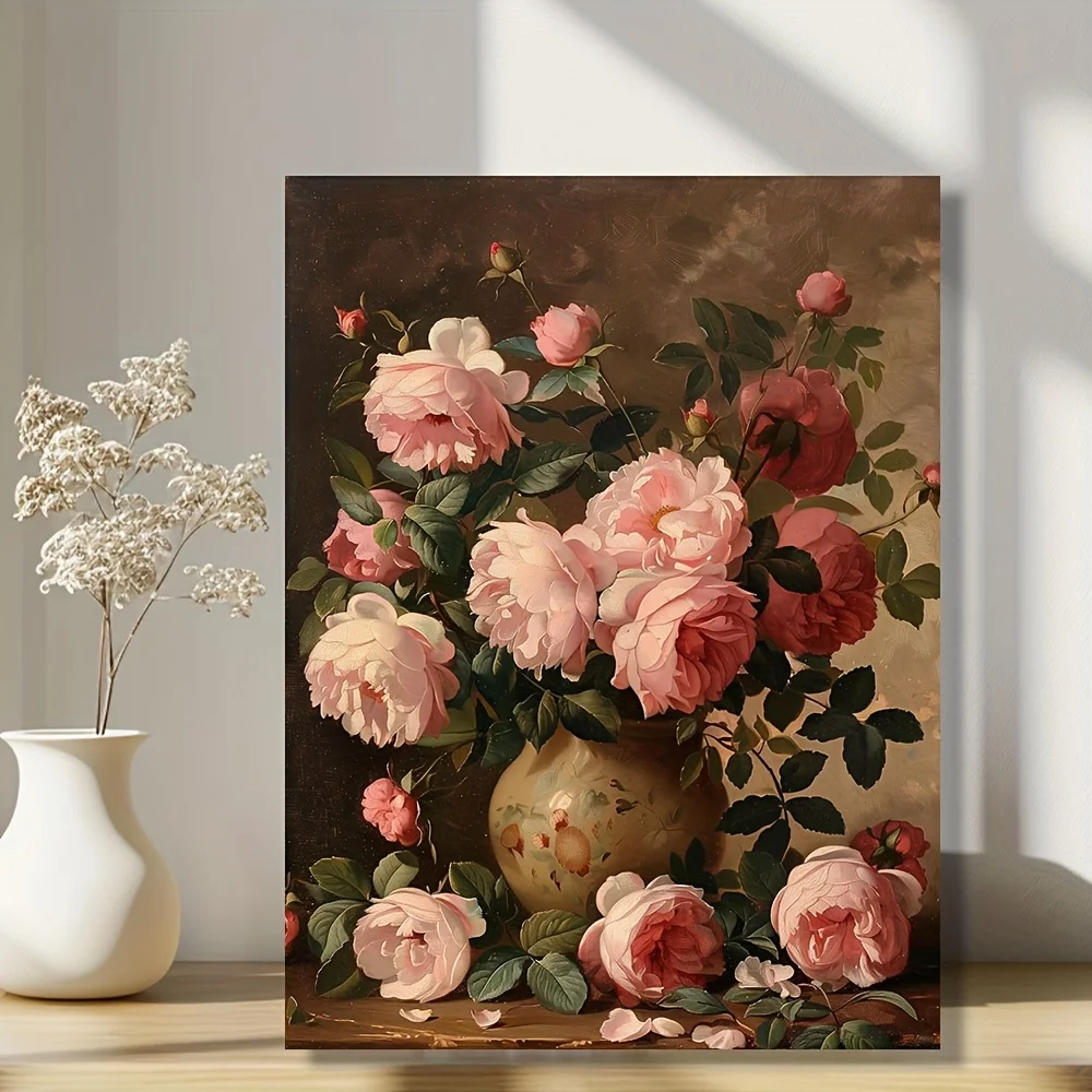 Vintage Peonies in Vase Frameless Canvas Print - Elegant Floral Wall Art for Home & Dining Decor, Ideal Gift for Art Lovers