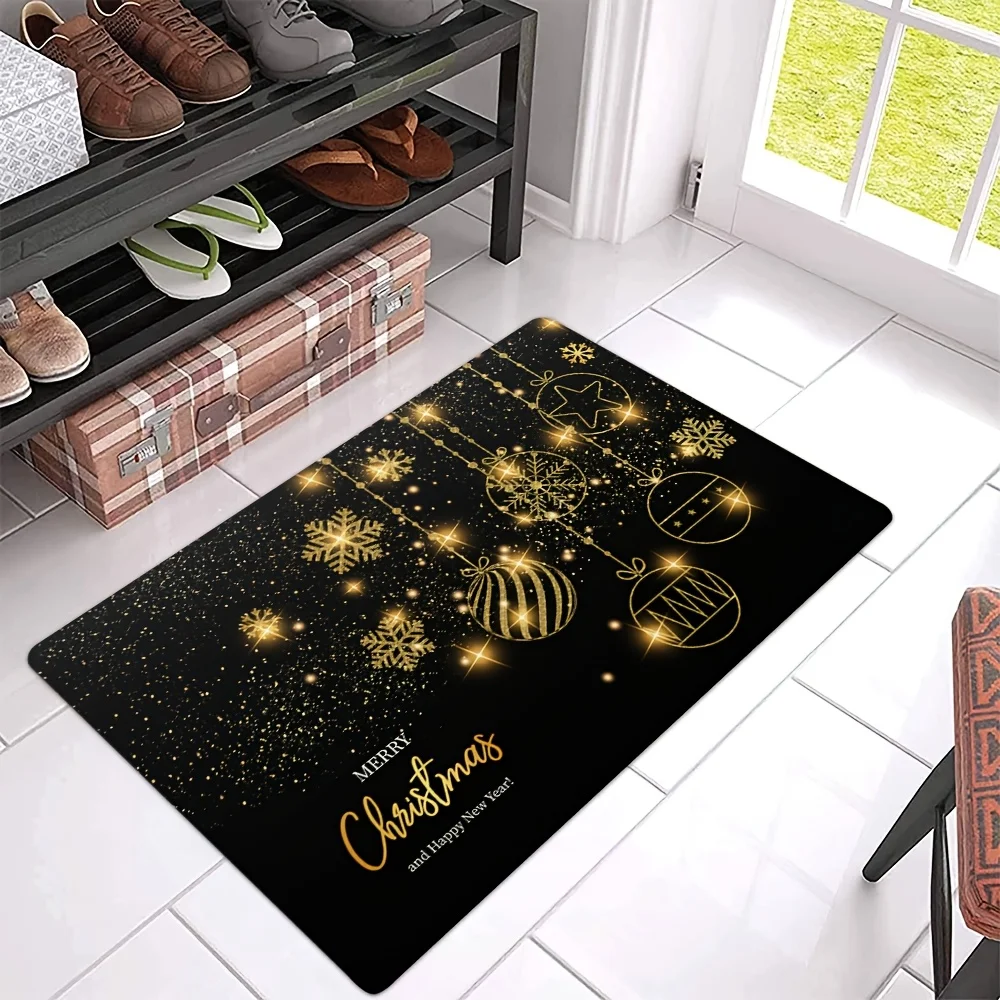 Christmas Black and Golden Snowflake Pattern Door Mat, Festive Entryway Mat for Holiday Cheer, Polyester Plush Winter Doormat