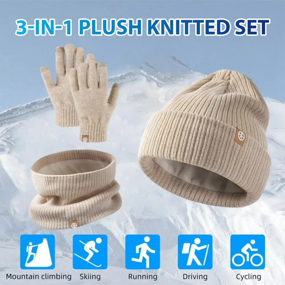 Children Hat Scarf Glove Set Thickened Plush Knitted Hat And Scarf Set Windproof Keep Warm Outdoor Neck Cover Gloves Beanie Set