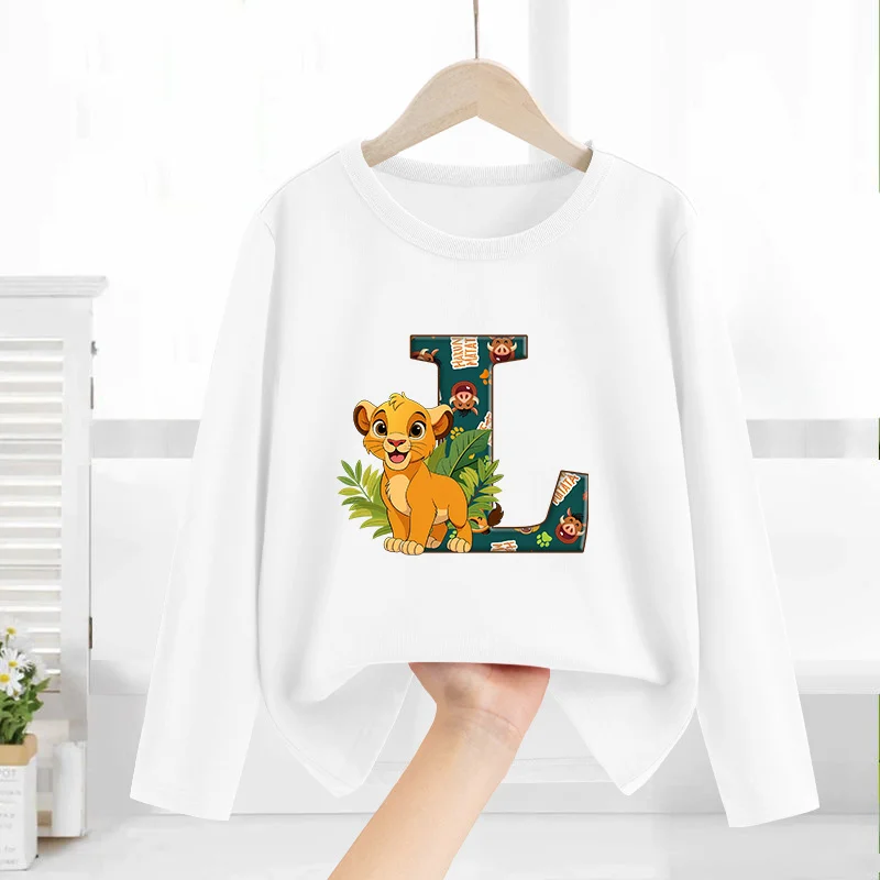 Mufasa Lion King Long Sleeve Shirt Boys Girls White Base T-shirt Letter A-z Cartoon Thin Tops Clothes Cute Round Neck Clothing