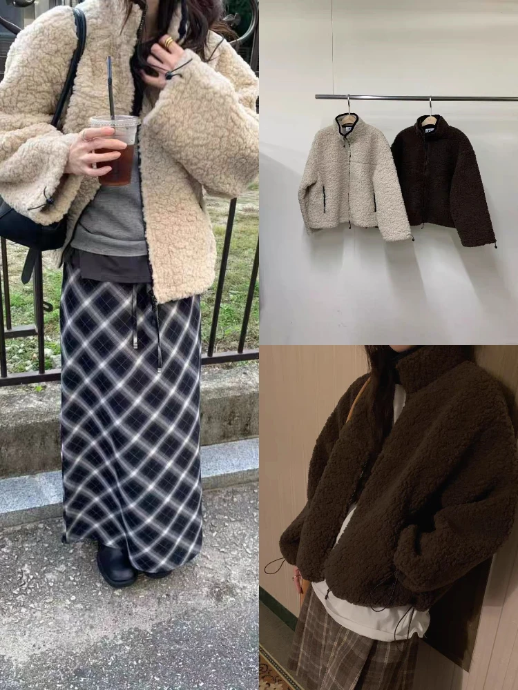 

Korean Sle Loose Fit Lamb Fur Jaet Women's Stand Collar Dstring Soft Warmth ort Outerwear Spring Autumn Season