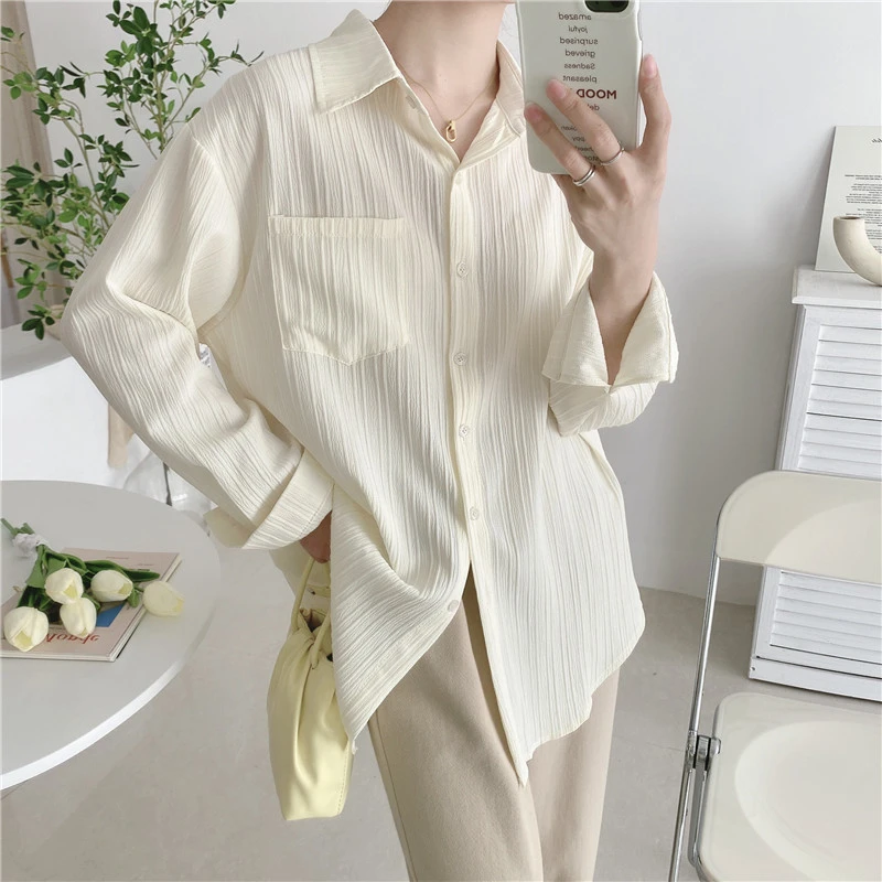 Spring Summer New Loose Pocket Patichwork Solid Shirts Tops Long Sleeve Polo Neck Simple Blouse Casual Fashion Women Clothing