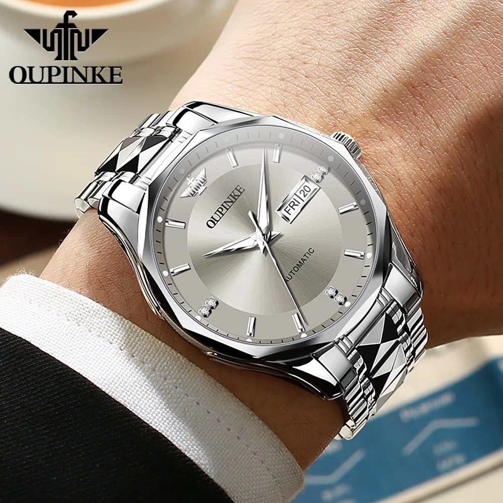 ﻿OUPINKE 3295 Mens Watch Automatic Mechanical Watch﻿ 50M Waterproof Tungsten Steel Sapphire Day-Date Watches Luxury Men Original