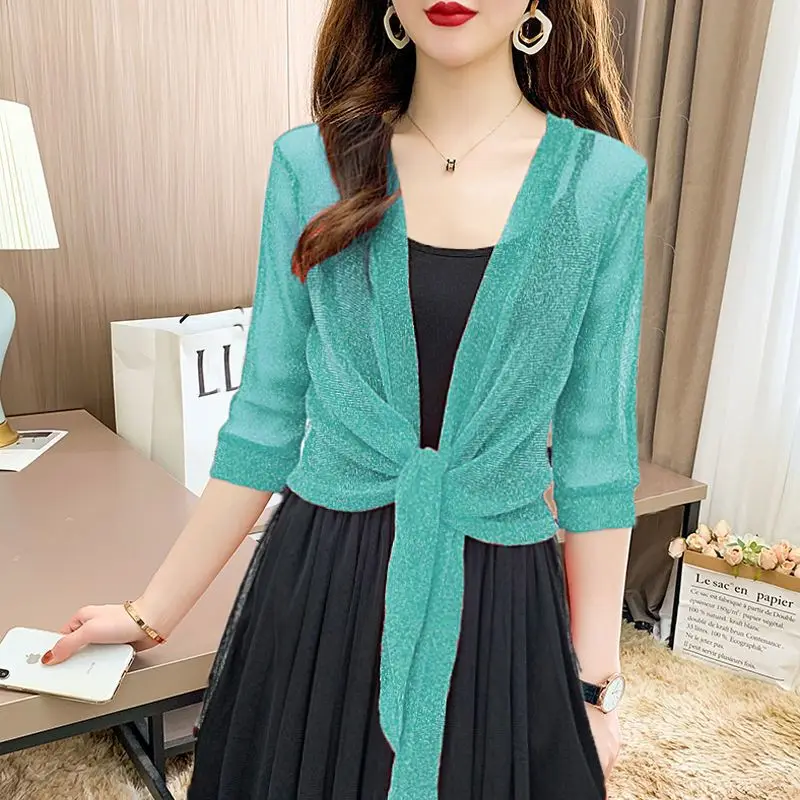 

Summer New Thin Short Lacing Tops Half Sleeve Solid Color All-match Net Yarn Office Cardigan Fashion Elegant Women Clothing