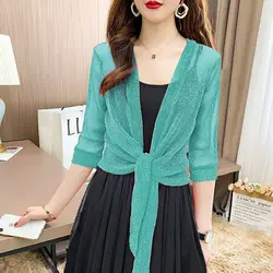 Summer New Thin Short Lacing Tops Half Sleeve Solid Color All-match Net Yarn Office Cardigan Fashion Elegant Women Clothing