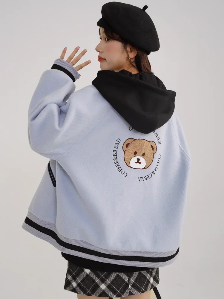 Women's Cozy and Chic: Round Neck Tweed Bomber with Soft Teddy Bear Patch, Perfect for Casual Days Winter Korean Popular Clothes