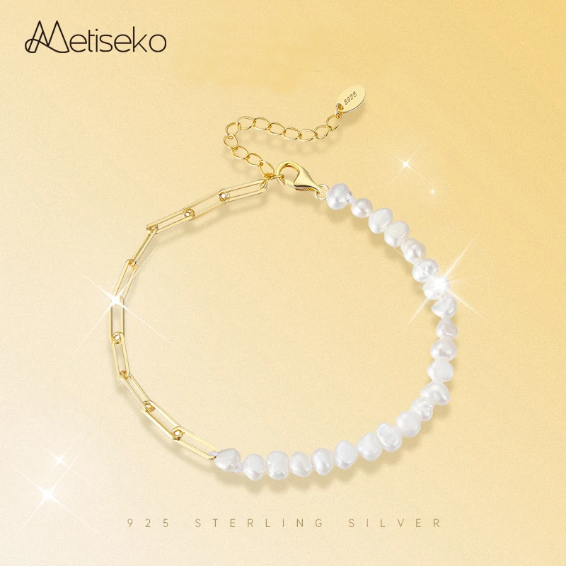 Metiseko Natural Freshwater Pearl Bracelet 925 Sterling Silver Chain Splicing with Baroque irregular Pearl Bracelet for Women