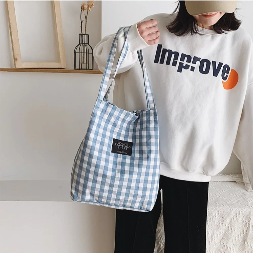 Cotton Linen Shoulder Bag Fashion Square Large Capacity Canvas Handbag Check Plaid Student Books Bag Ladies