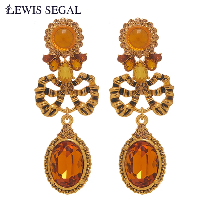 

LEWIS SEGAL Luxury Medieval Court Style Fine Jewelry Champagne Gemstone Vintage Crossed Drop Earrings for Women 18K Gold Plated