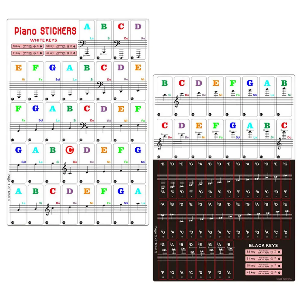 2Sets Piano Keyboard Stickers Removable Color Decals for Electronic Keyboard 88 61 54 49 Keys Easy to Install Durable