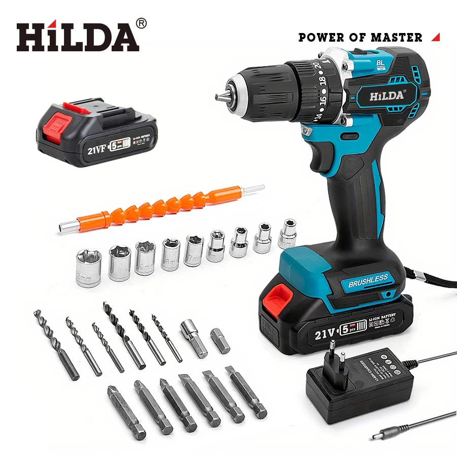 HILDA  21V Multi Functional Electric Impact Drill Cordless with 2 Batteries and Charger Power Tools 23+1 Torque Screwdriver