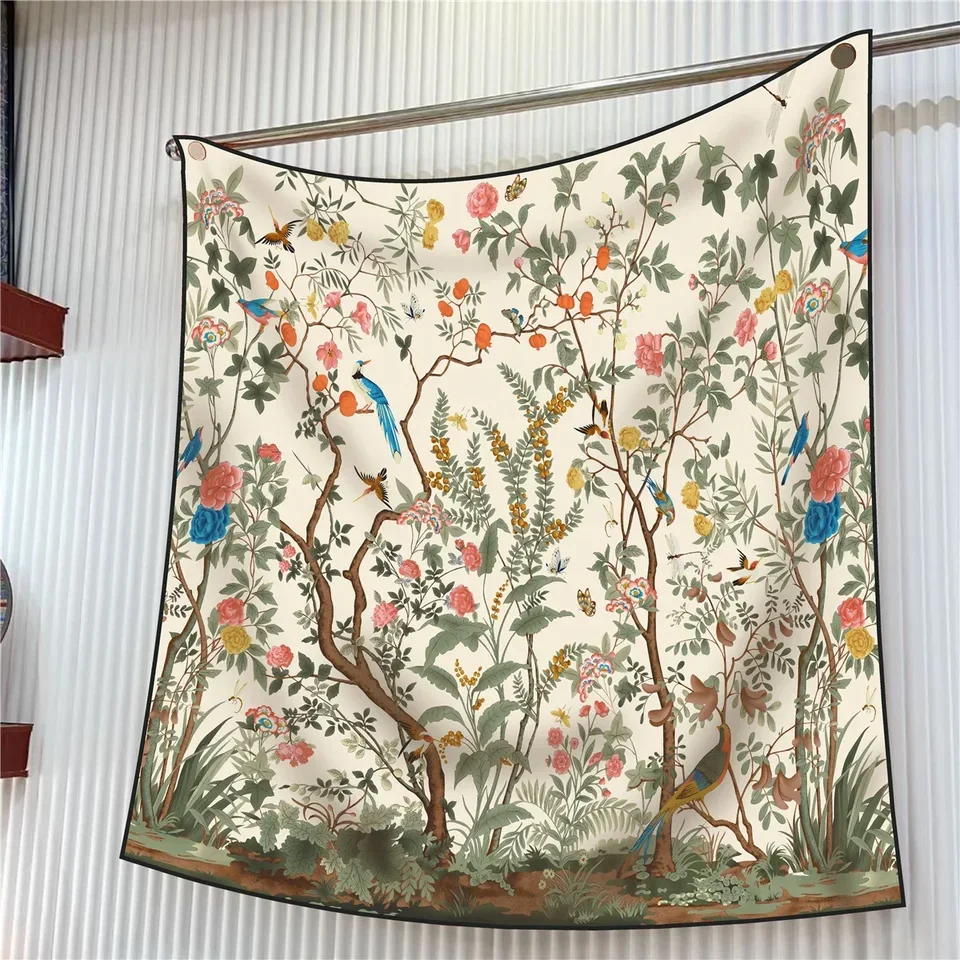 

90cm French Floral Bird Scarf - Premium Twill Shawl, Fashion Sunscreen Wrap, Elegant Square Scarf for Women