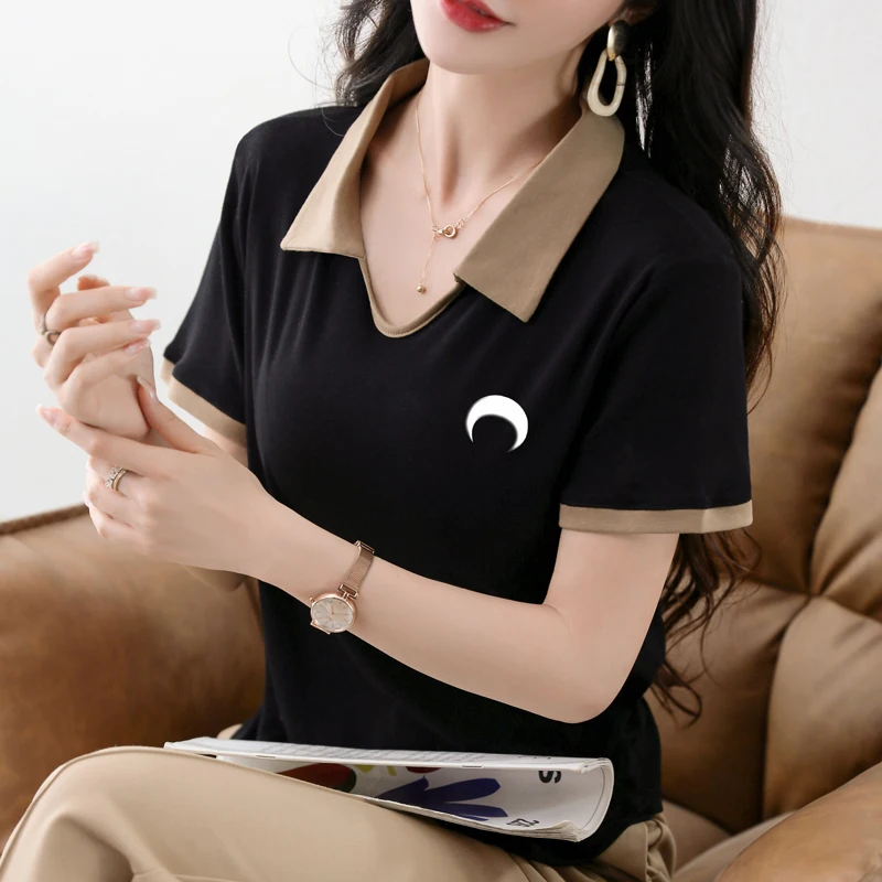 TuangBiang-Camiseta de algodón con bordado de Luna en 3D para mujer, blusa informal coreana con cuello tipo Polo de manga corta, Tops ajustados para mujer 2023