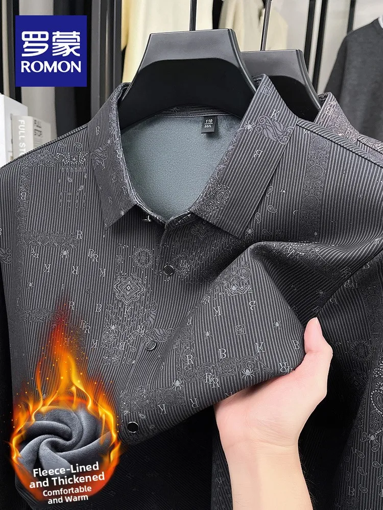 

Thiened Fce Long Sve Men's Casual Print irt Warm Busin Gentleman Sle Polyester Modal Spandex Winter irt