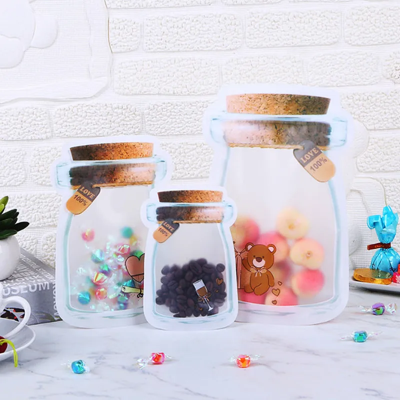 100PCS Cute Bear Plastic Mason Jar Snack Ziplock Bags Resealable Wedding Sugar Cereals Beans Beaf Nuts Coffee Xmas Gifts Pouches