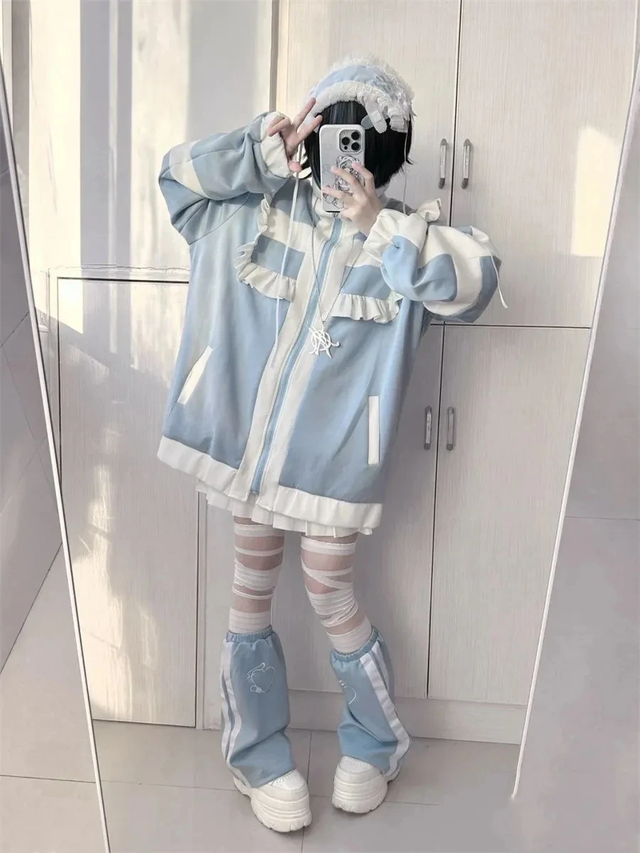 اليابانية Y2k الجمالية لوليتا نمط هوديس المرأة Harajuku سستة البلوز معاطف فضفاضة الخريف الجرونج عادية الكشكشة التصحيح معطف