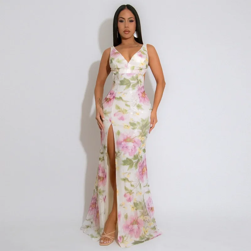 

Velvet Sequins Floral Print Split Bodycon Maxi Party Dress Women Sexy Deep V Neck Spaghetti Straps Backless Slim Long Robe