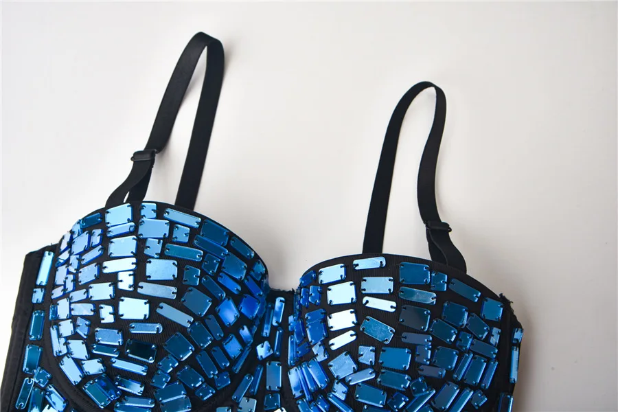 

Синий корсет с бисером для женщин, сексуальный укороченный топ, бюстгальтер пуш-ап, готический панк-бюстгальтер, черный бюстье, топ-майка для ночного клуба, вечеринки, розово-красный