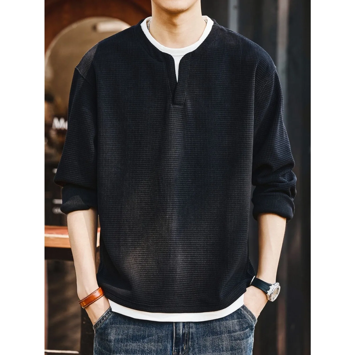 Loose Double Layer V-Neck Long Sleeve T-Shirt Men's Retro Style Casual Top Polyester Fabric Spring New Style Fashionable Youth