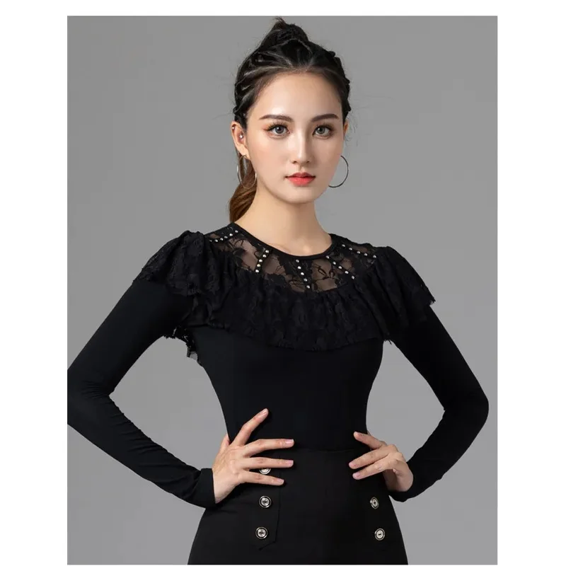 Round Neck Latin Dance Costume Evening T-shirt Jazz Solid Color Wear Pole Tango Clothes Women Mesh Patchwork Dancewear Line T*.1