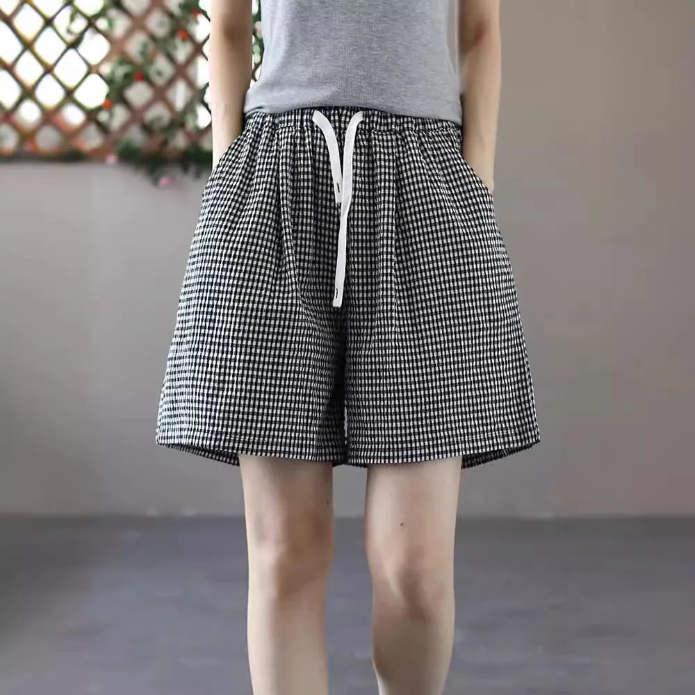 Women Vintage Plaided Shorts Summer Fashion Good Quality Cotton Elastic Waist Loose Casual Comfortable Cozy Short Pants Female