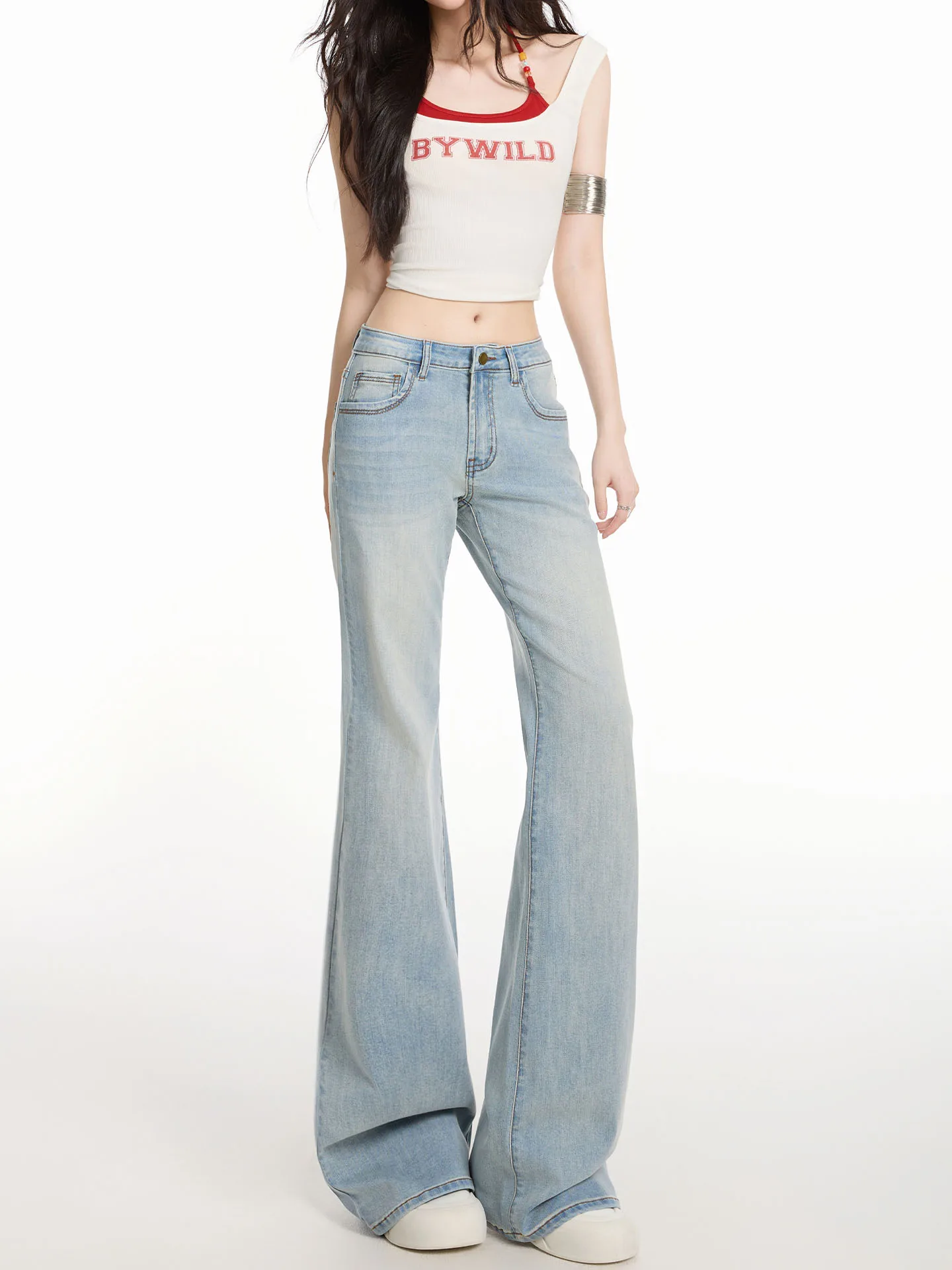 

American Style Low Waist Bell Bottom Jeans Women's New 2025 Loose Fit Casual Cotton Blue Denim Pants Trousers for Young Girls