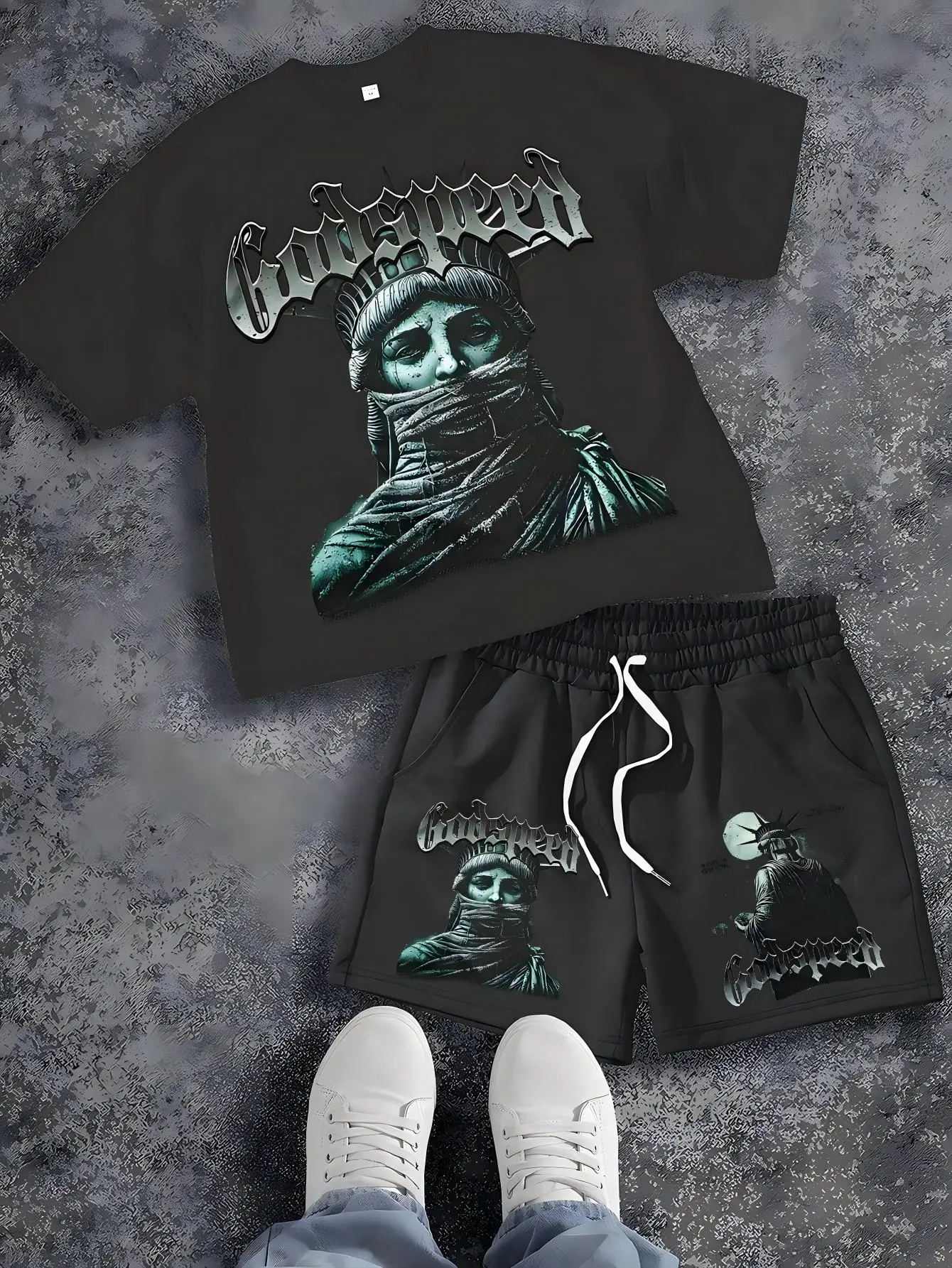 

Men's Summer Gothic Statue of Liberty Printed Comfortable Breathable Round Neck T-shirt Drawstring Shorts Set Outdoor Streetwear